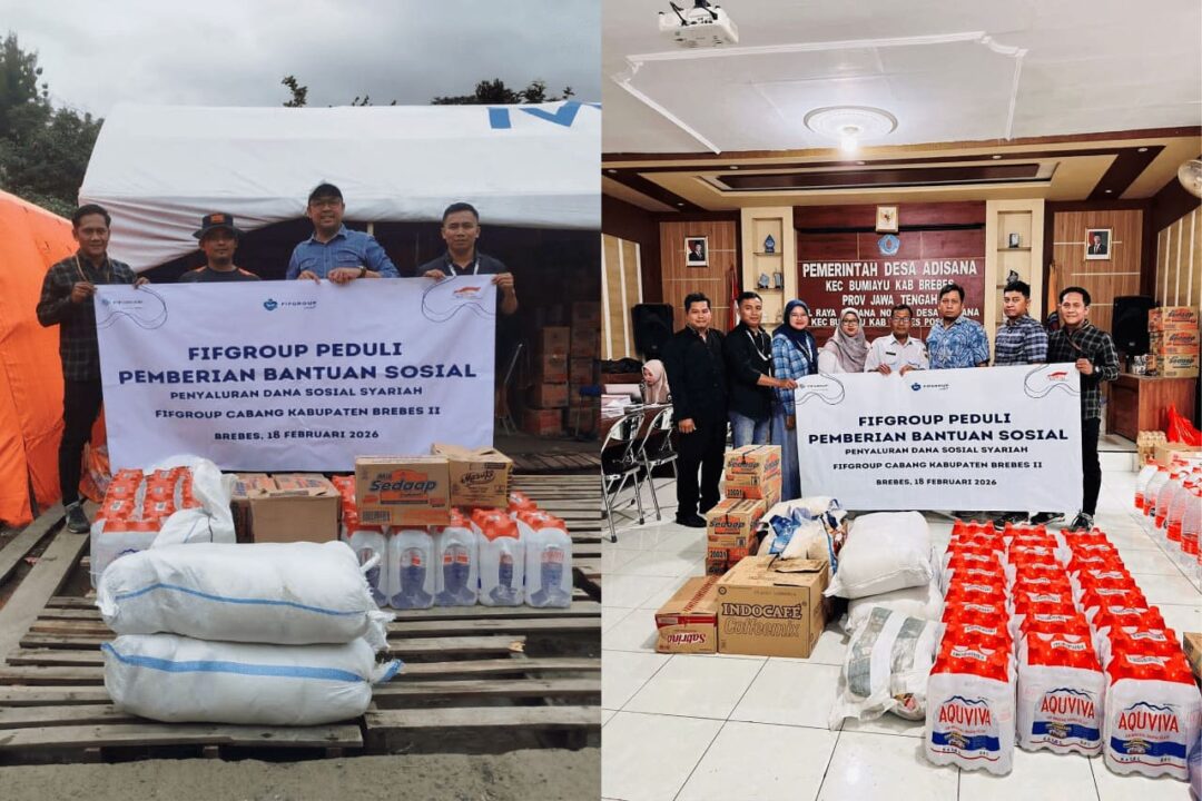 FIFGROUP Cabang Kabupaten Brebes II menyerahkan bantuan paket sembako kepada warga terdampak bencana banjir di Desa Adisana, Kecamatan Bumiayu, Kabupaten Brebes, Rabu (18/2/2026). FIF GRUP juga menyalurkan bantuan serupa untuk korban tanah gerak di Desa Pandansari, Kabupaten Tegal, melalui program FIF Peduli yang bersumber dari Dana Sosial Syariah perusahaan. (Foto: Dok. FIF GRUP)