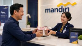 Ilustrasi seorang nasabah menerima uang dari Bank Mandiri.(Foto: Generate by ChatGPT/Portal Pantura)