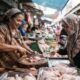 Ilustrasi seorang padagang daging ayam sedang melayani pembeli di sebuah pasar tradisional dengan ramah. (Foto: Gemini/Generate AI/Portal Pantura)