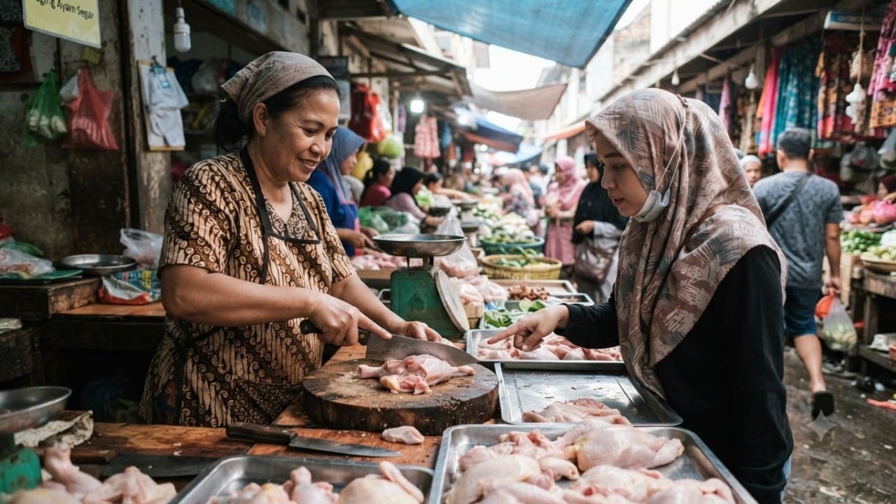 Ilustrasi seorang padagang daging ayam sedang melayani pembeli di sebuah pasar tradisional dengan ramah. (Foto: Gemini/Generate AI/Portal Pantura)