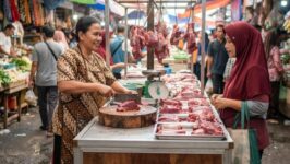 Pedagang melayani pembeli daging sapi di pasar tradisional. Badan Pangan Nasional memastikan harga daging sapi secara umum masih terkendali meski ada kenaikan pada produk premium. (Foto: Gemini/Generate AI)
