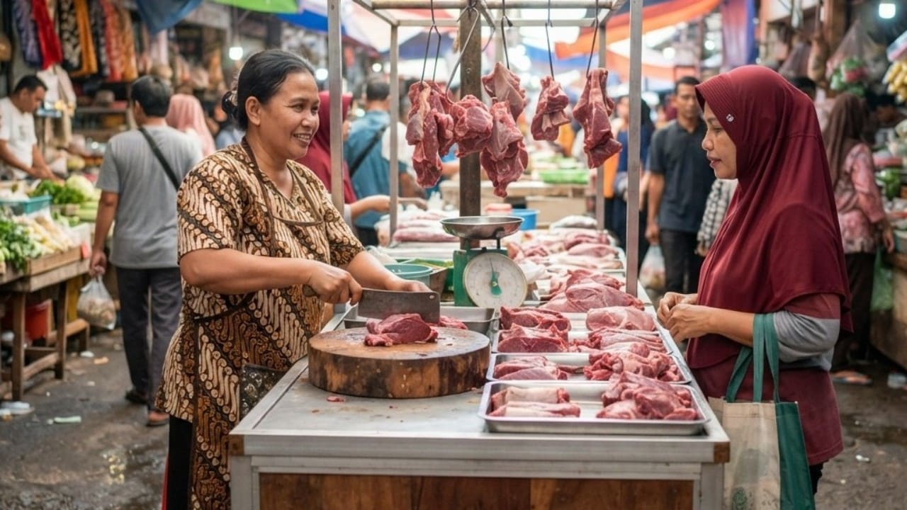 Pedagang melayani pembeli daging sapi di pasar tradisional. Badan Pangan Nasional memastikan harga daging sapi secara umum masih terkendali meski ada kenaikan pada produk premium. (Foto: Gemini/Generate AI)