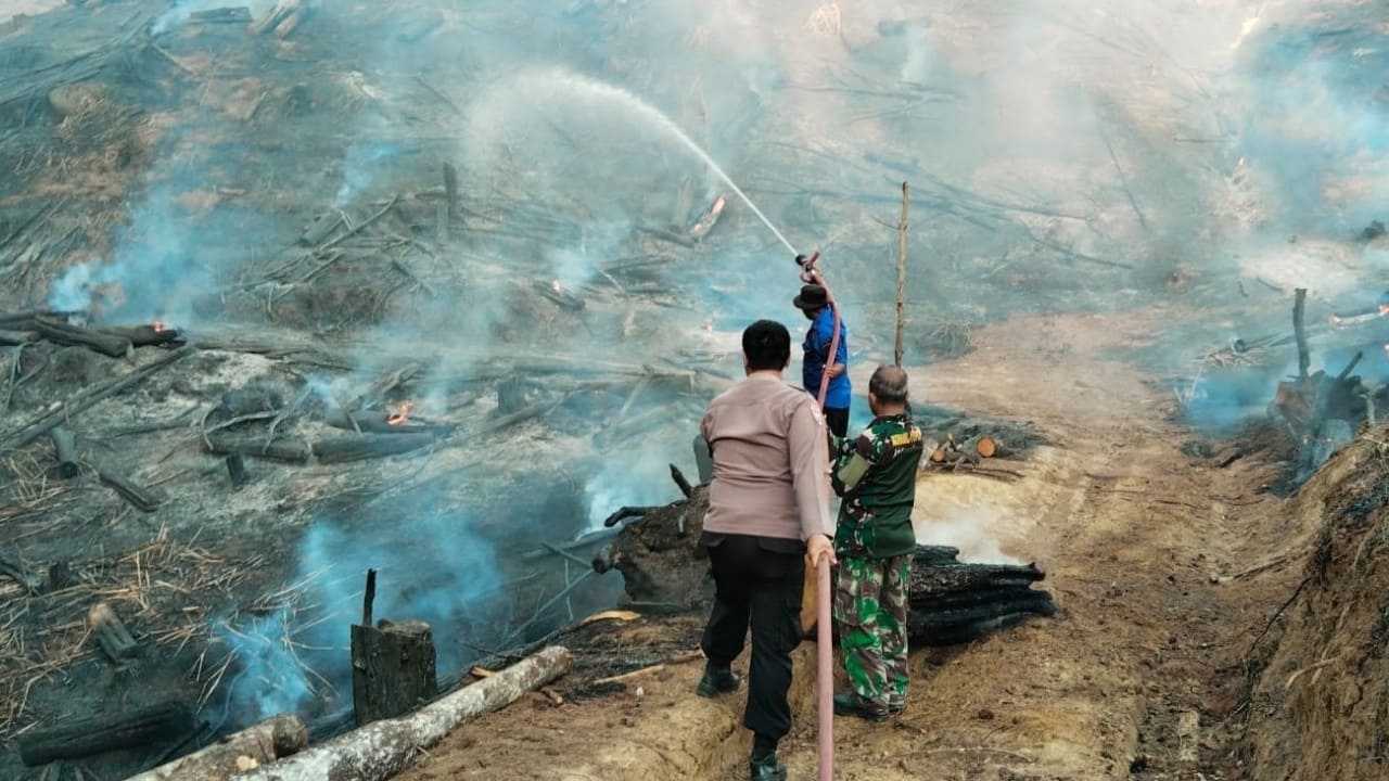 Petugas gabungan dari Polsek Paguyangan, Damkar, BPBD Brebes, dan Perhutani saat berjibaku memadamkan kebakaran hutan pinus di Desa Kedungoleng, Senin (20/7/2026). (Foto: Istimewa)