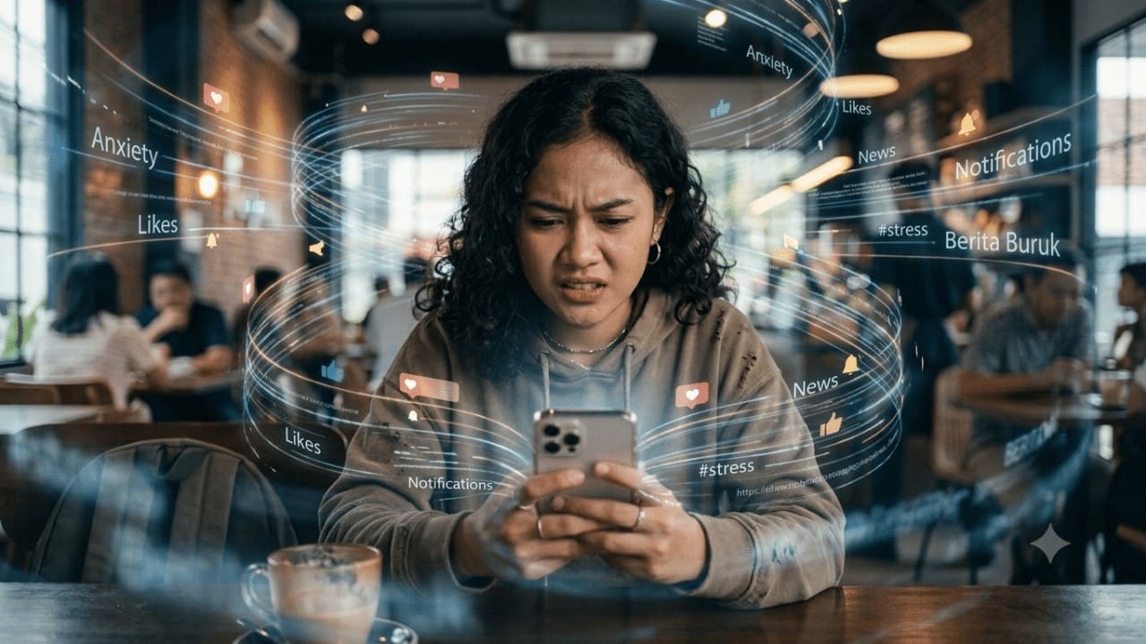 Seorang anak muda Gen Z tampak cemas saat menatap layar ponsel, mencerminkan tingginya tekanan mental dan ketergantungan digital pada generasi muda saat ini. (Foto: Gemini/Generate AI)