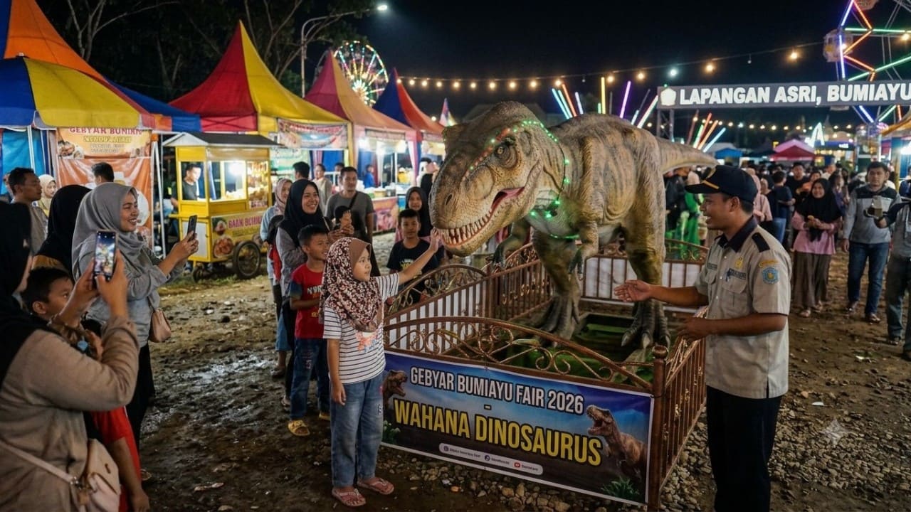 Iluatrasi Pengunjung menikmati sensasi berinteraksi dengan robot dinosaurus animatronik yang bergerak dan bersuara (Foto: Gemini/Generate AI)