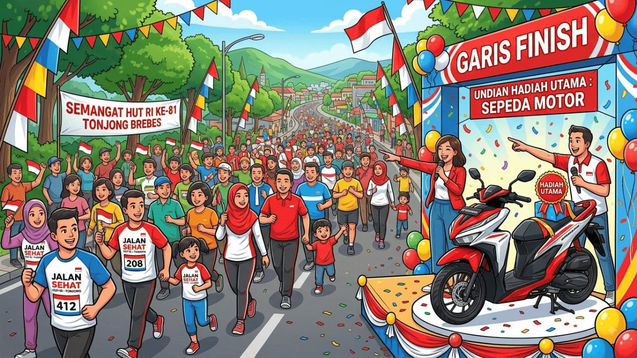 Ilustrasi jalan sehat HUT RI Tonjong. (Foto: Gemini/Generate AI)