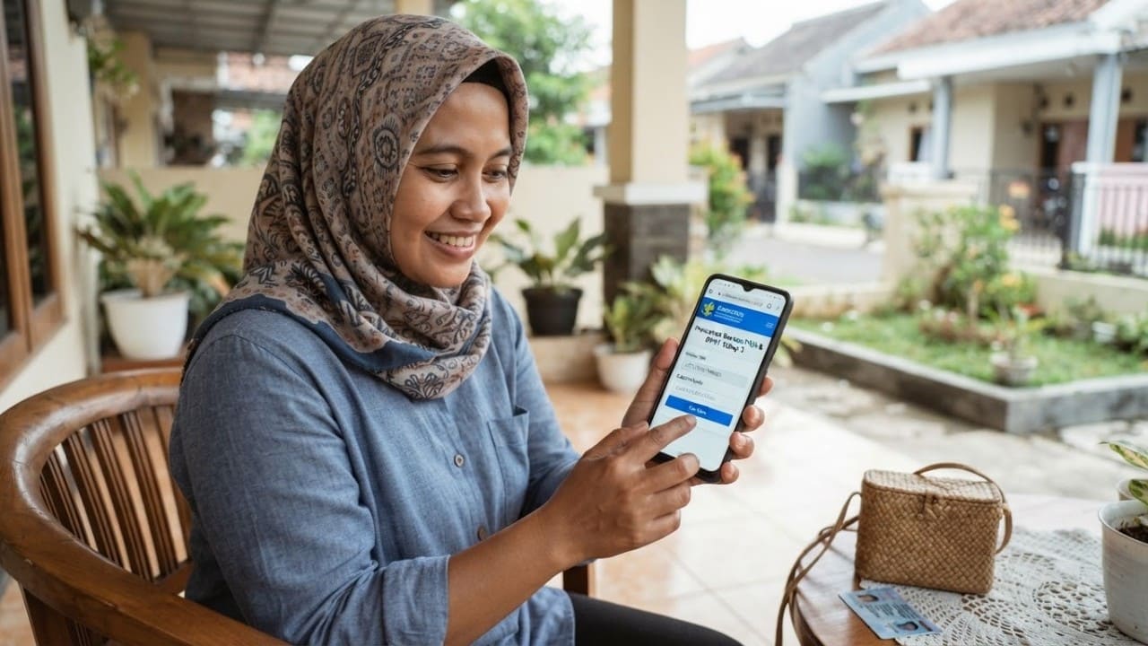 Warga memeriksa status kepesertaan Program Keluarga Harapan dan Bantuan Pangan Non Tunai tahap ketiga melalui situs resmi Kementerian Sosial dari telepon genggam. (Foto: Gemini/Generat AI)
